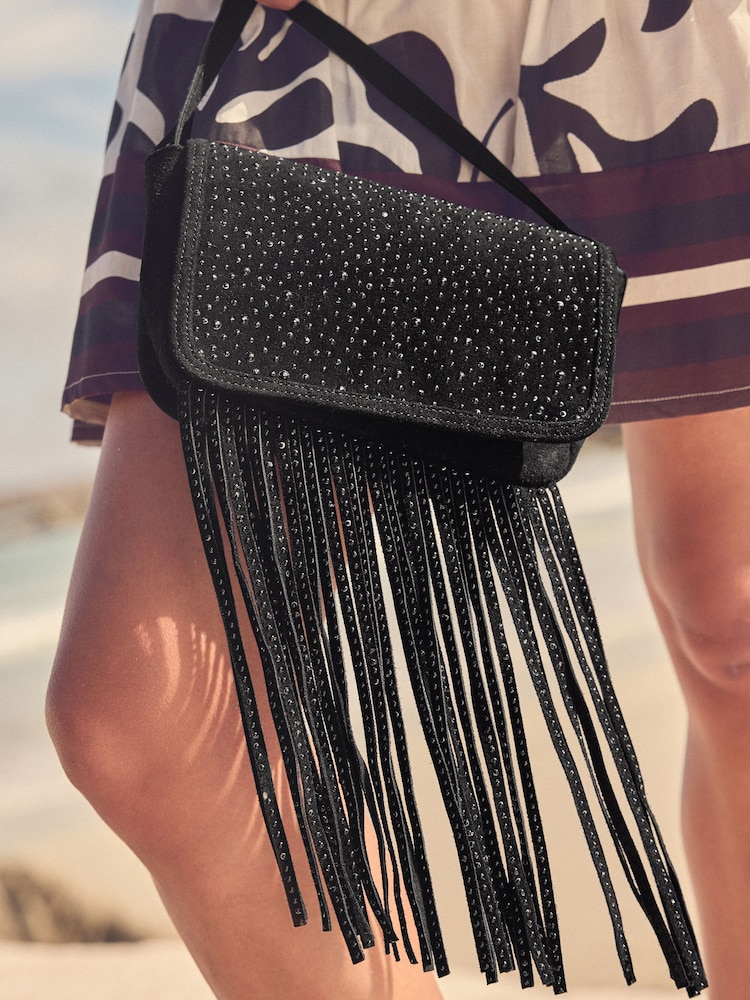 Black Leather Fringe Studded Cross Body Bag - Image 4 of 10