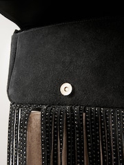 Black Leather Fringe Studded Cross Body Bag - Image 5 of 10