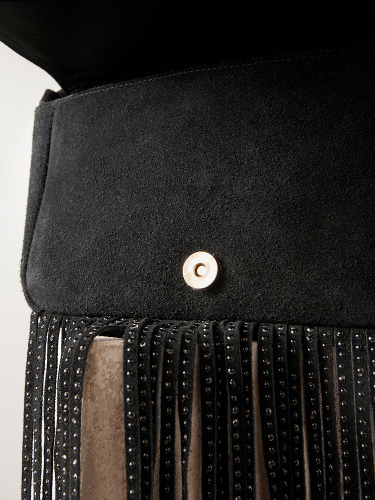 Black Leather Fringe Studded Cross Body Bag - Image 5 of 10