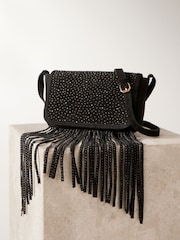 Black Leather Fringe Studded Cross Body Bag - Image 6 of 10