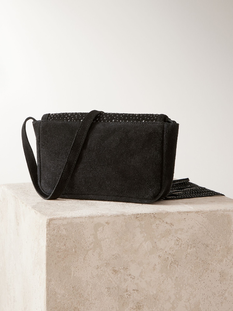 Black Leather Fringe Studded Cross Body Bag - Image 7 of 10