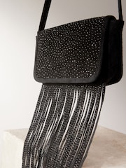 Black Leather Fringe Studded Cross Body Bag - Image 8 of 10