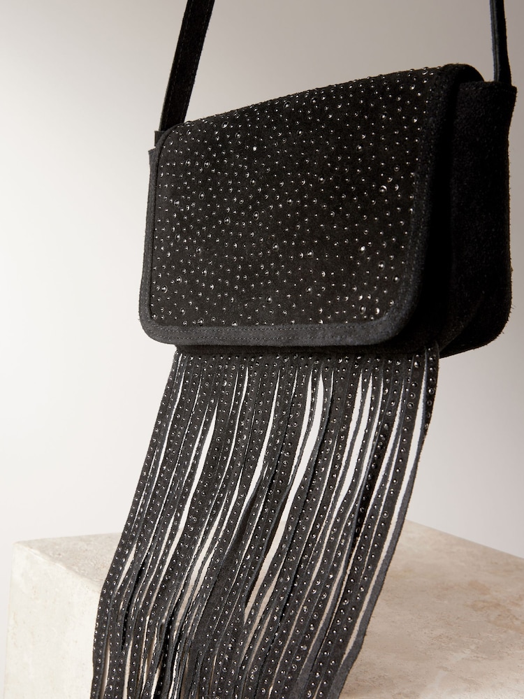 Black Leather Fringe Studded Cross Body Bag - Image 8 of 10