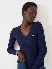 Crew Clothing Blue Heritage Cable V-Neck Jumper - Image 1 of 5