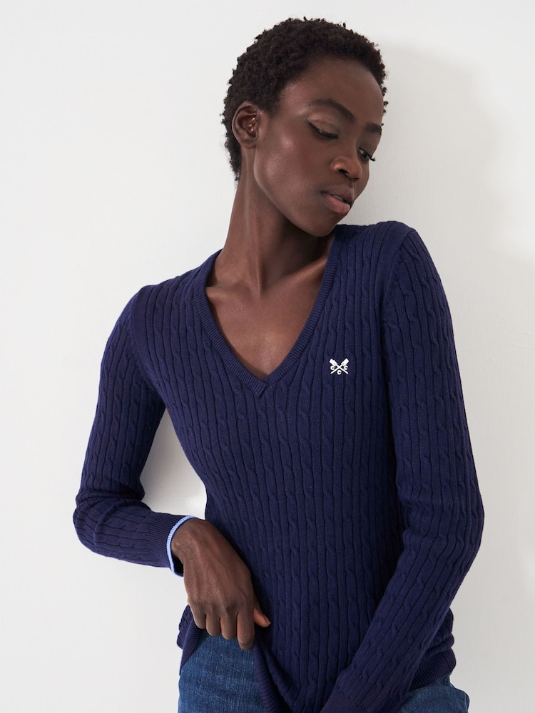 Crew Clothing Blue Heritage Cable V-Neck Jumper - Image 1 of 5