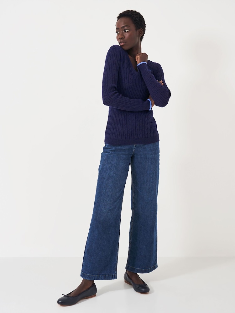 Crew Clothing Blue Heritage Cable V-Neck Jumper - Image 3 of 5