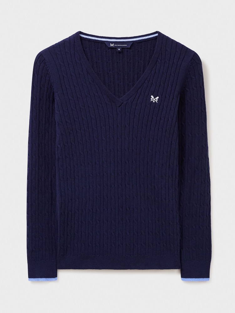 Crew Clothing Blue Heritage Cable V-Neck Jumper - Image 5 of 5