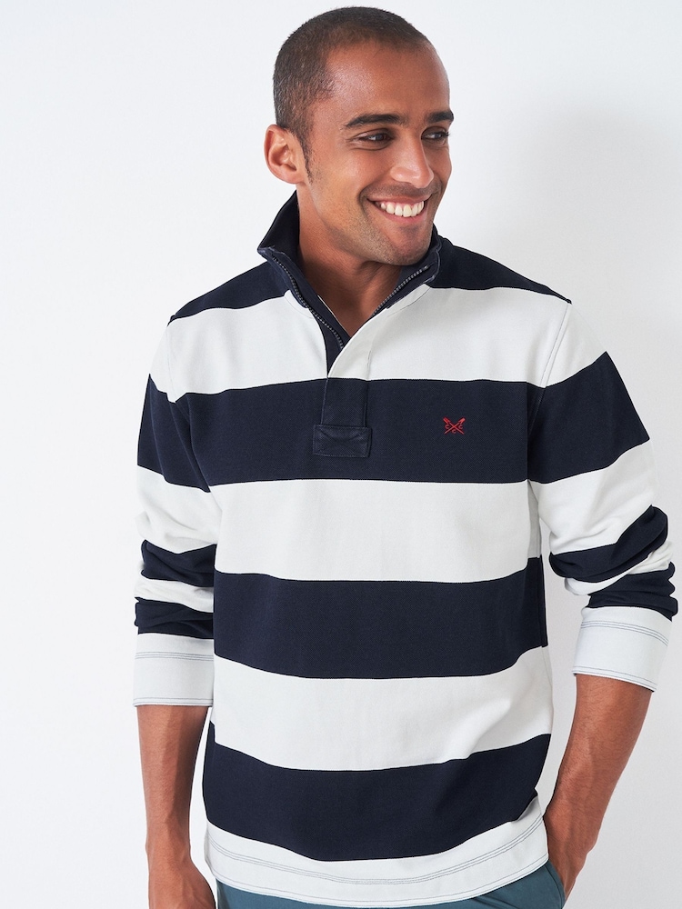 Crew Clothing Blue Stripe Padstow 100% Cotton Piqué Sweatshirt - Image 1 of 4