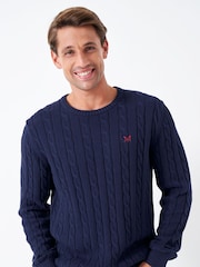 Crew Clothing Navy Blue 100% Cotton Oarsman Cable Knit Crew Neck Jumper - Image 1 of 5