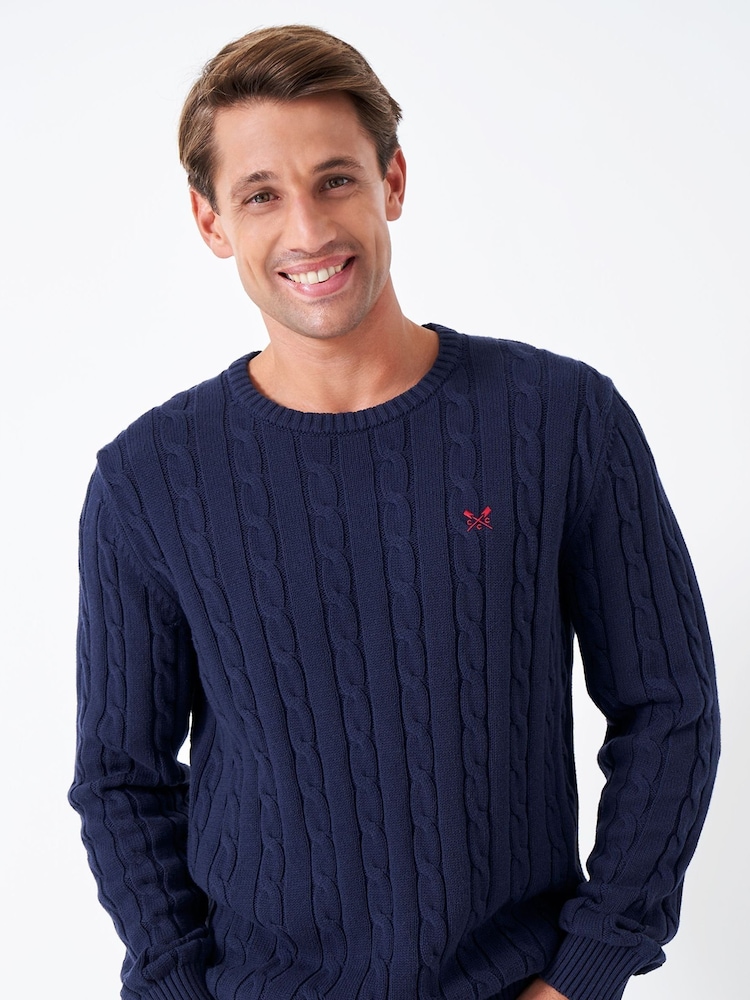 Crew Clothing Navy Blue 100% Cotton Oarsman Cable Knit Crew Neck Jumper - Image 1 of 5