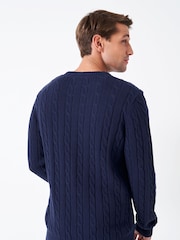 Crew Clothing Navy Blue 100% Cotton Oarsman Cable Knit Crew Neck Jumper - Image 2 of 5