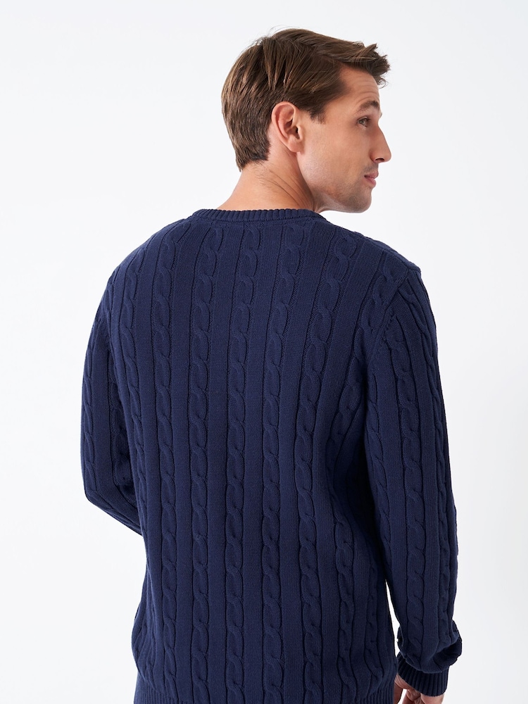 Crew Clothing Navy Blue 100% Cotton Oarsman Cable Knit Crew Neck Jumper - Image 2 of 5