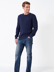 Crew Clothing Navy Blue 100% Cotton Oarsman Cable Knit Crew Neck Jumper - Image 3 of 5