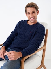 Crew Clothing Navy Blue 100% Cotton Oarsman Cable Knit Crew Neck Jumper - Image 4 of 5