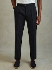 Reiss Navy Pin Belted Cropped Trousers - Image 1 of 6