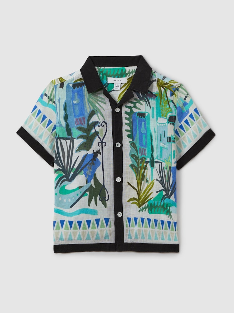 Reiss Blue Multi Belize 13-14 yrs Printed Cuban Collar Shirt - Image 1 of 4
