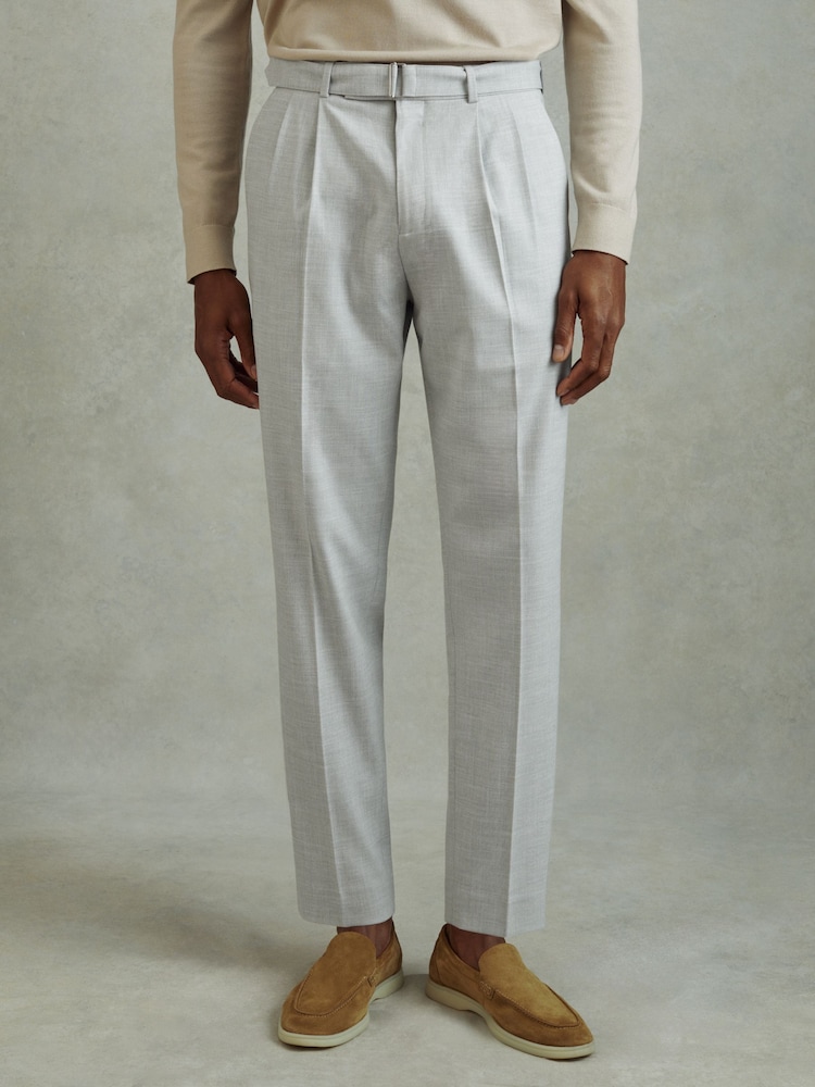 Reiss Light Grey Pin Belted Cropped Trousers - Image 1 of 5 Reiss Light Grey Pin Belted Cropped Trousers - Image 1 of 5