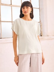Ecru Gathered Short Sleeve Textured Boxy T-Shirt - Image 1 of 6