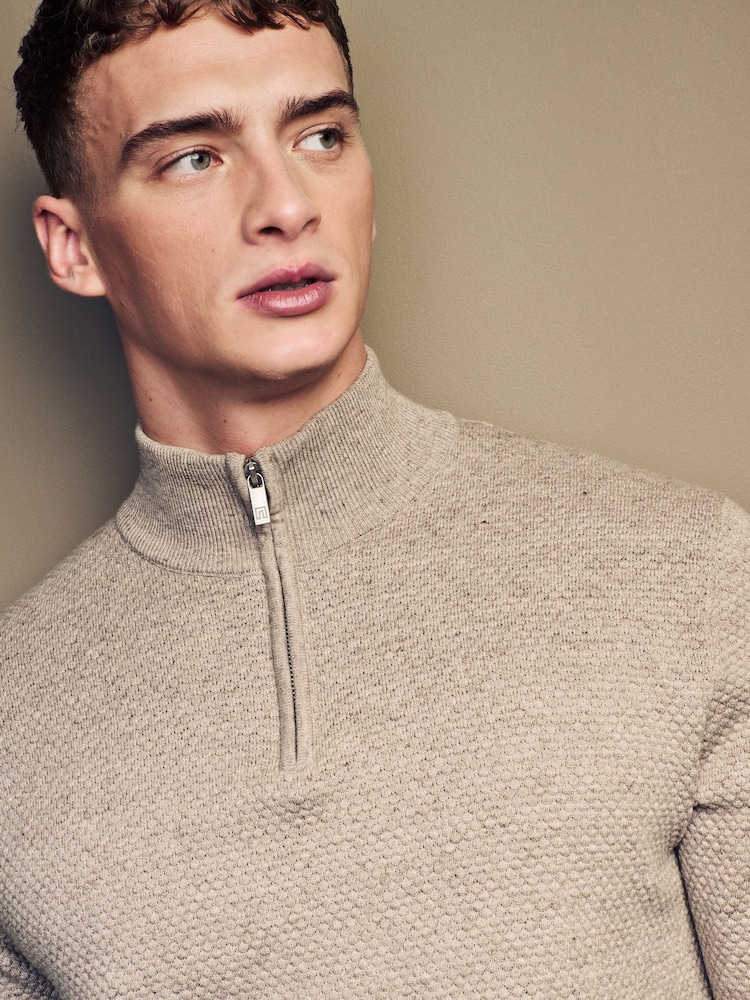 Cream Texture Regular Fit 100% Cotton Premium Quarter Zip Jumper - Image 1 of 7