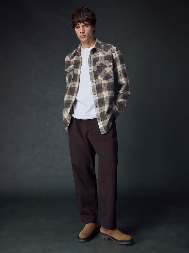 Brown/Stone Natural Long Sleeve Western Check 100% Cotton Shirt - Image 2 of 9