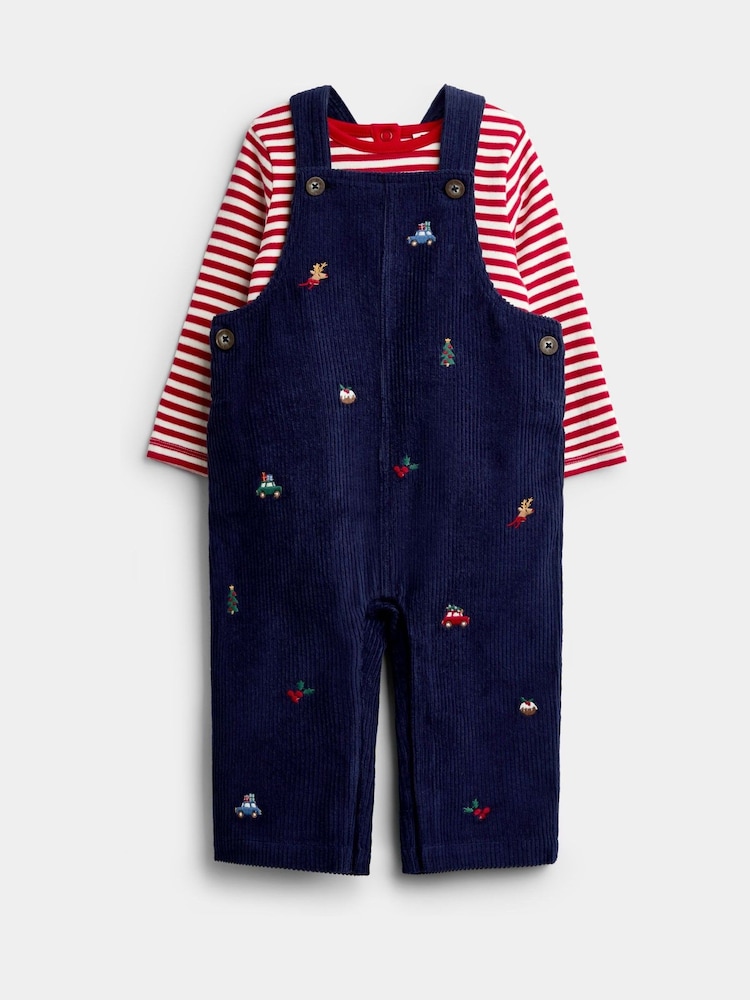 JoJo Maman Bébé Navy Blue Christmas Embroidered Dungaree & Bodysuit Set - Image 1 of 6 JoJo Maman Bébé Navy Blue Christmas Embroidered Dungaree & Bodysuit Set - Image 1 of 6