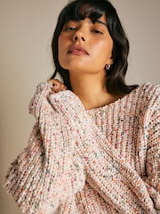 Ecru White Slouch Off Shoulder Neppy Chunky Knitted Jumper - Image 4 of 6