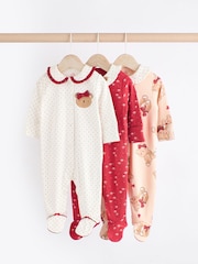 Red/Cream Baby Christmas Bear 100% Cotton Sleepsuits 3 Pack (0mths-2yrs) - Image 1 of 12