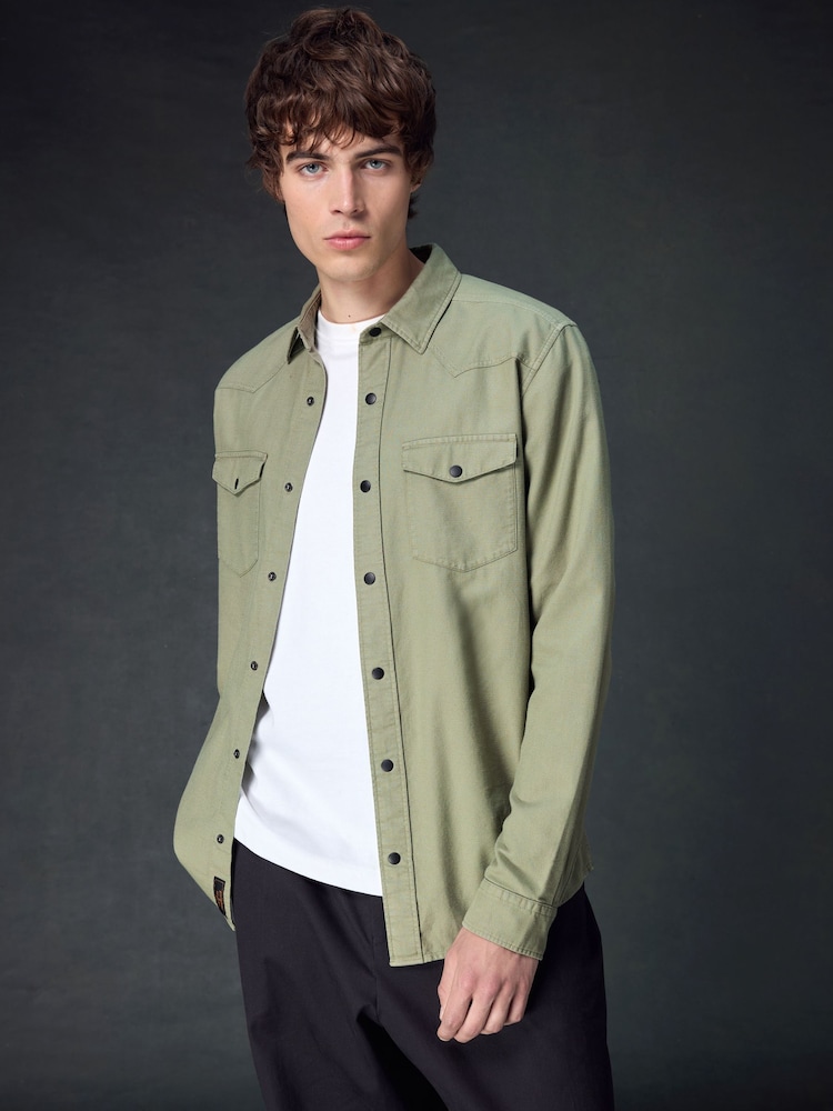 Sage Green Twin Pocket Textured Western Long Sleeve 100% Cotton Shirt - Image 1 of 11