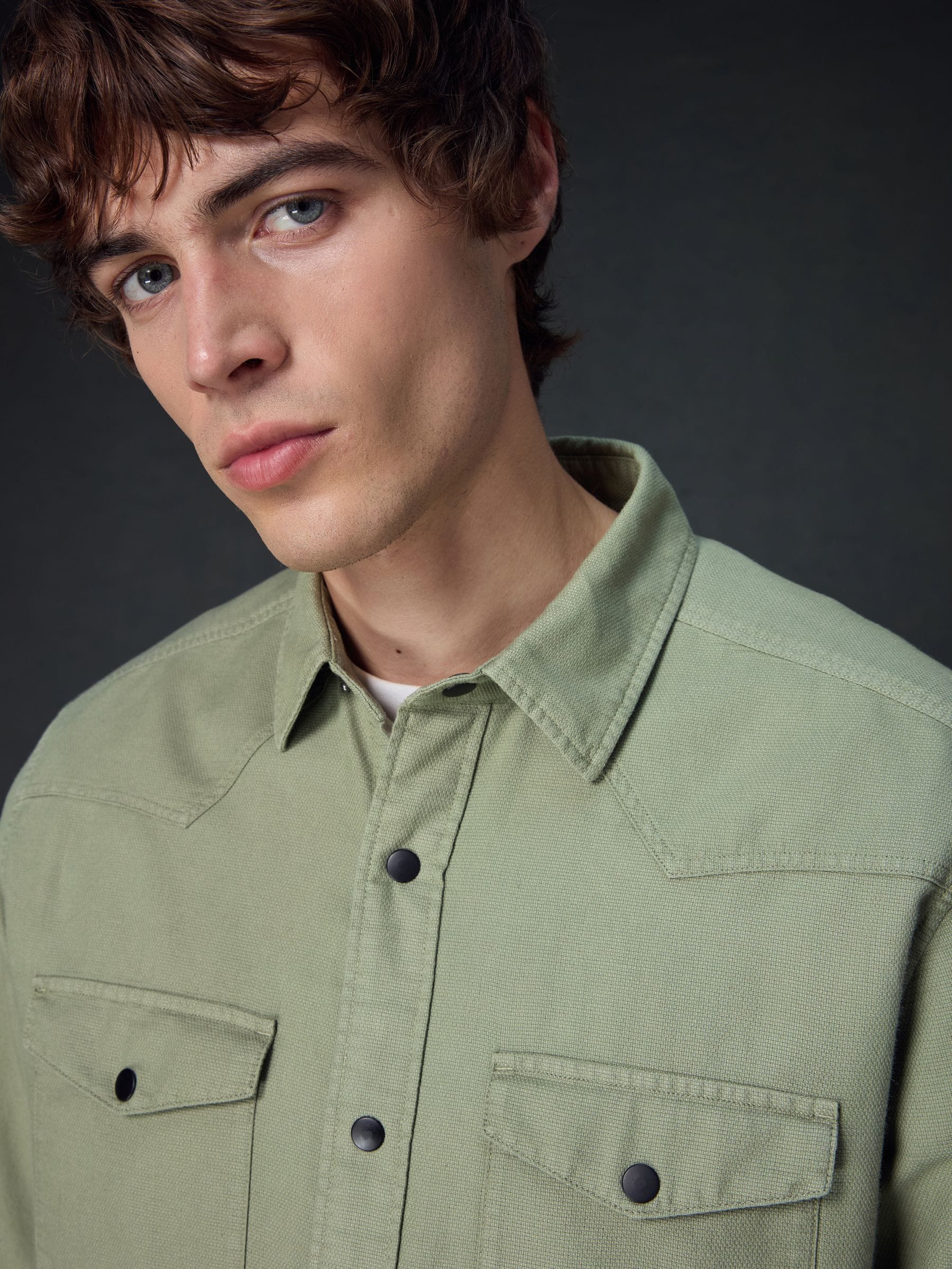 Buy Sage Green Twin Pocket Textured Western Long Sleeve 100