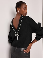 Black Reversible Gem Bow Embellished Sparkle Knitted Jumper - Image 1 of 7