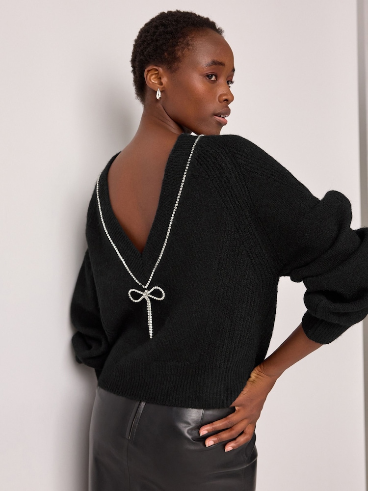 Black Reversible Gem Bow Embellished Sparkle Knitted Jumper - Image 1 of 7