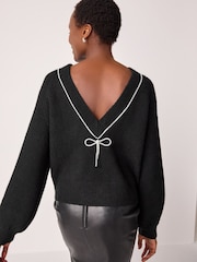 Black Reversible Gem Bow Embellished Sparkle Knitted Jumper - Image 3 of 7