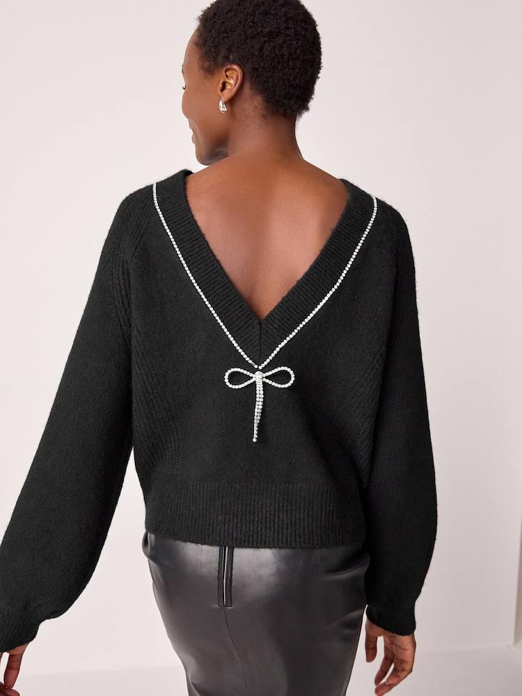 Black Reversible Gem Bow Embellished Sparkle Knitted Jumper - Image 3 of 7