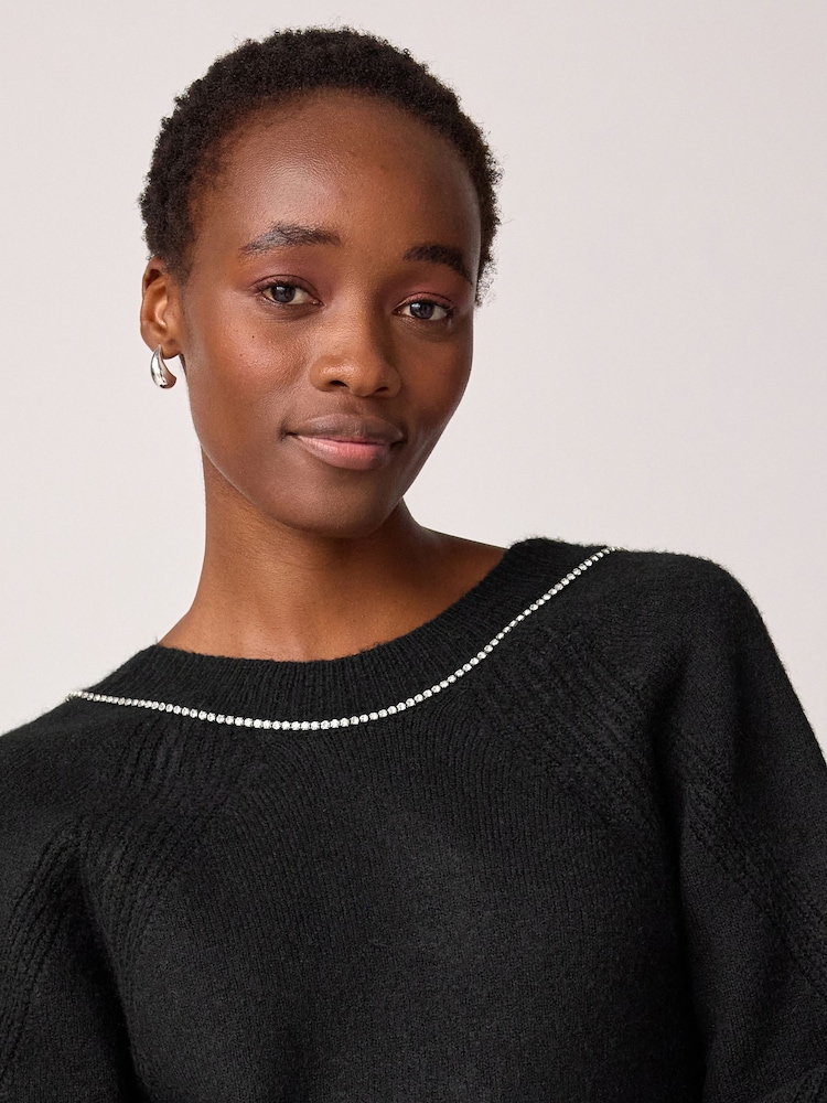 Black Reversible Gem Bow Embellished Sparkle Knitted Jumper - Image 4 of 7