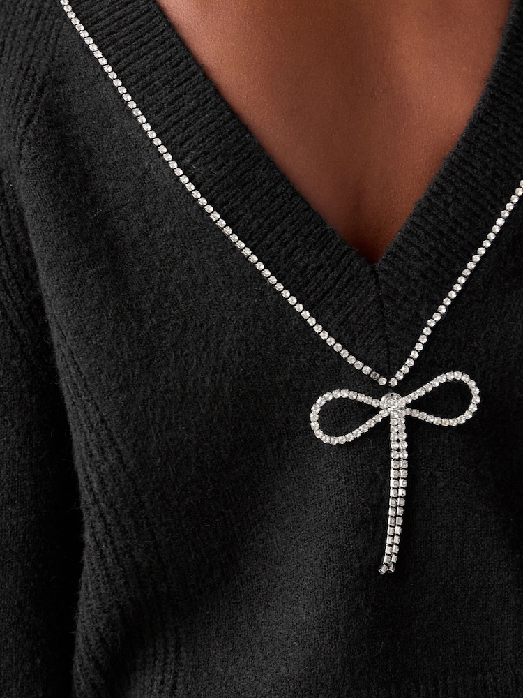 Black Reversible Gem Bow Embellished Sparkle Knitted Jumper - Image 5 of 7