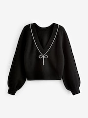 Black Reversible Gem Bow Embellished Sparkle Knitted Jumper - Image 6 of 7