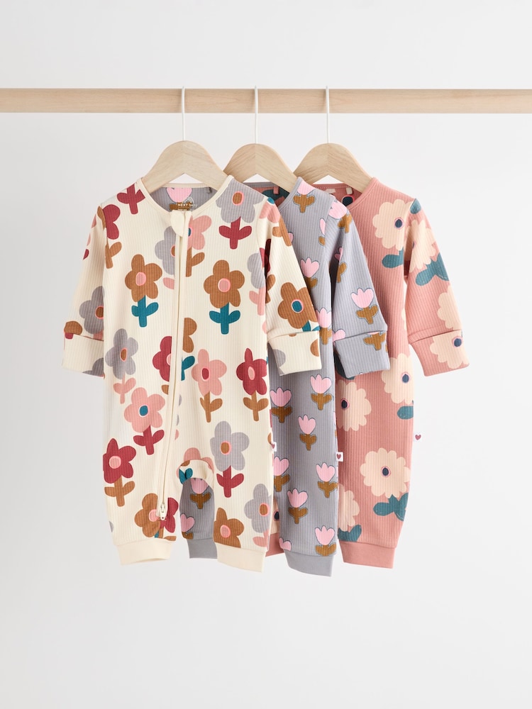 Cream Two Way Zip Baby Footless 100% Cotton Sleepsuits 3 Pack (0mths-3yrs) - Image 1 of 11