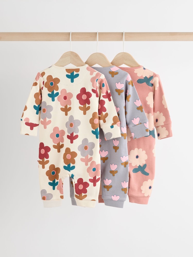 Cream Two Way Zip Baby Footless 100% Cotton Sleepsuits 3 Pack (0mths-3yrs) - Image 2 of 11