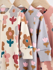 Cream Two Way Zip Baby Footless 100% Cotton Sleepsuits 3 Pack (0mths-3yrs) - Image 7 of 11