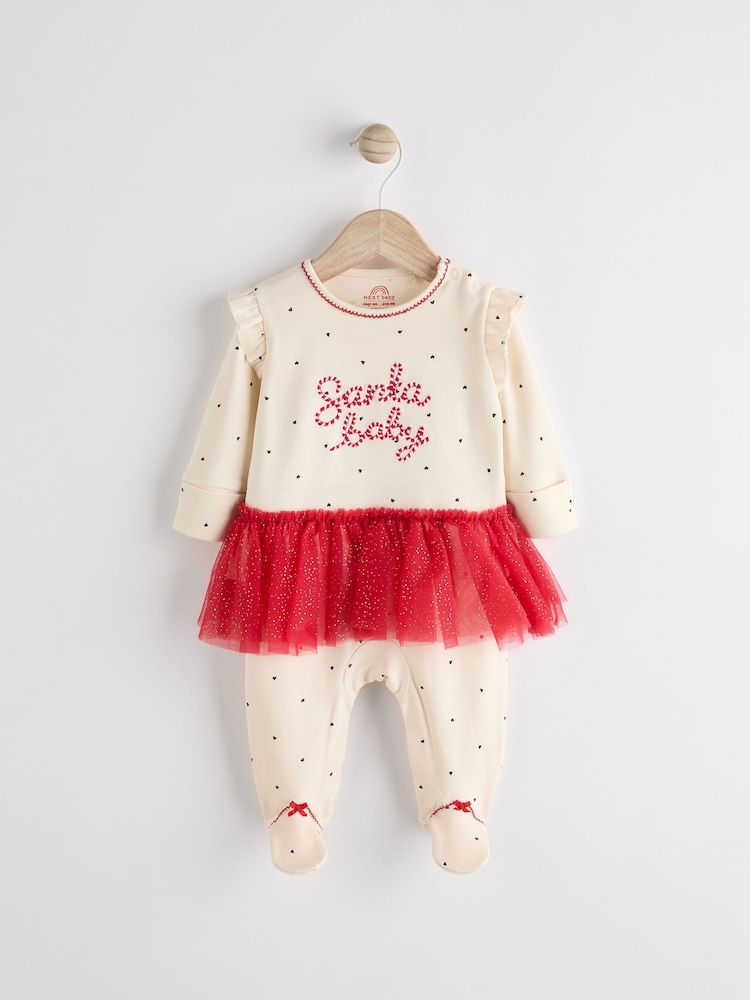 Red/Cream Santa Baby Christmas Tutu 100% Cotton Sleepsuit (0mths-2yrs) - Image 1 of 12