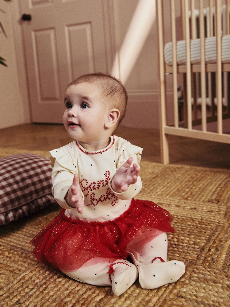 Red/Cream Santa Baby Christmas Tutu 100% Cotton Sleepsuit (0mths-2yrs) - Image 2 of 12
