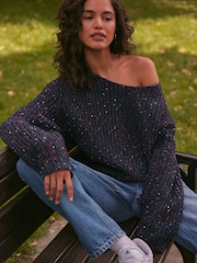 Navy Blue Slouch Off Shoulder Neppy Chunky Knitted Jumper - Image 1 of 7