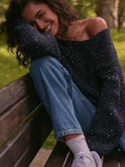 Navy Blue Slouch Off Shoulder Neppy Chunky Knitted Jumper - Image 3 of 7