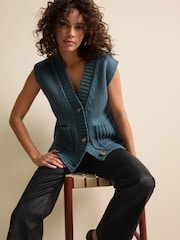 Teal Blue Sleeveless Button Up V-Neck Knitted Waistcoat Vest Top - Image 1 of 6