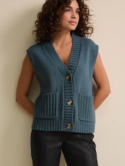 Teal Blue Sleeveless Button Up V-Neck Knitted Waistcoat Vest Top - Image 2 of 6