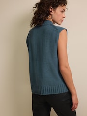 Teal Blue Sleeveless Button Up V-Neck Knitted Waistcoat Vest Top - Image 3 of 6