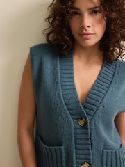 Teal Blue Sleeveless Button Up V-Neck Knitted Waistcoat Vest Top - Image 4 of 6