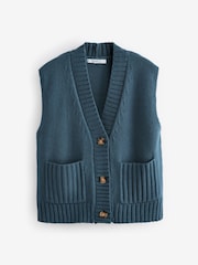 Teal Blue Sleeveless Button Up V-Neck Knitted Waistcoat Vest Top - Image 5 of 6