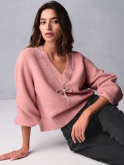 Blush Pink Reversible Gem Bow Embellished Sparkle Knitted Jumper - Image 1 of 7