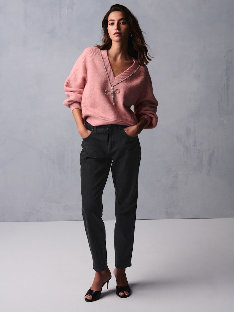 Blush Pink Reversible Gem Bow Embellished Sparkle Knitted Jumper - Image 2 of 7